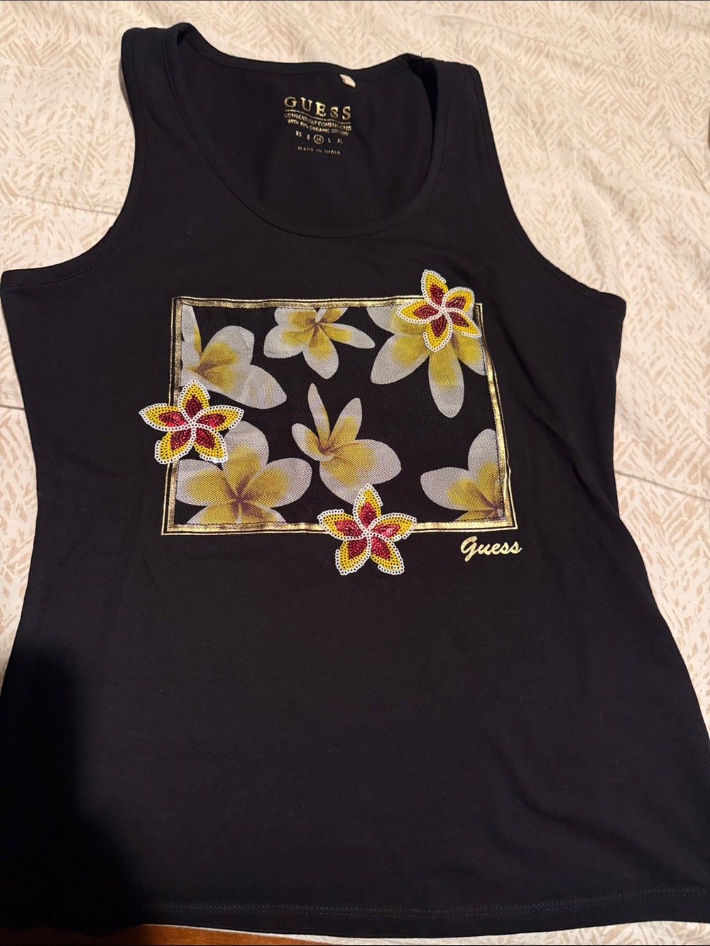 GUESS Black Tank Top with Yellow Floral Print and Flower Appliqués